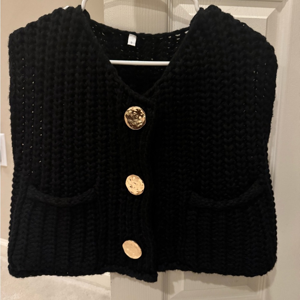 Black Knit Sweater Vest with Gold Buttons